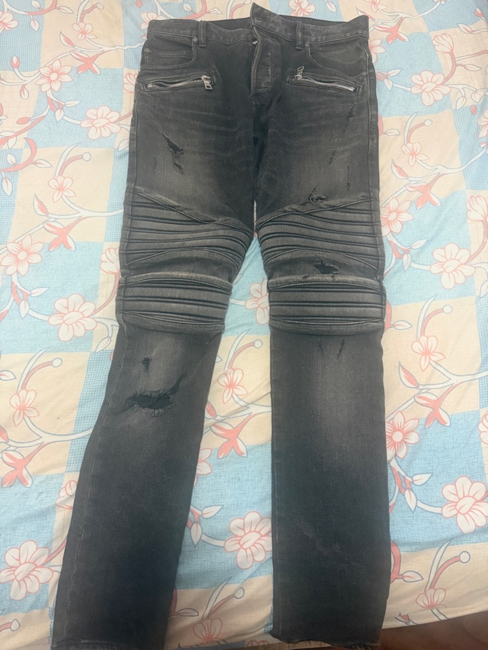 Balmain Black Distressed Moto Skinny Jeans